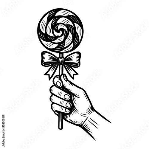 Hand Holding Lollipop with Bow Black and White Outline Line Art Drawing Illustration