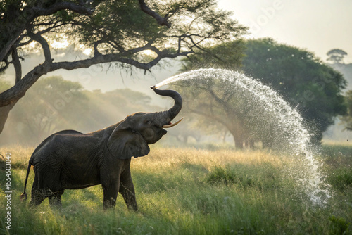 An elephant joyfully sprays water from its trunk by a lush green pond under natural sunlight.