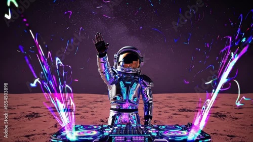 Astronaut DJ performing on stage with neon lights on an alien planet, symbolizing futuristic entertainment, space-themed music, digital imagination, and science fiction concept art