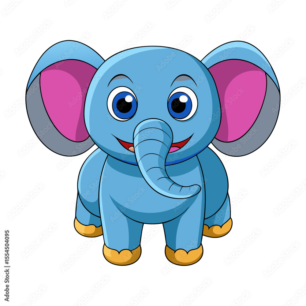 Obraz premium Adorable cartoon baby elephant with big blue eyes and pink ears smiling happily on a white background