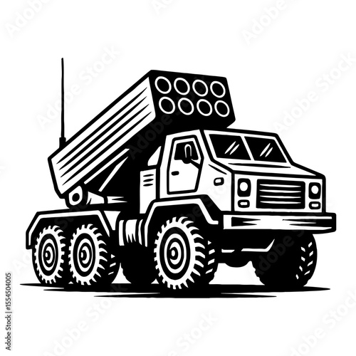 Heavy Duty Military Truck Multiple Rocket Launcher Vehicle Side View Black and White Outline Line Art Drawing