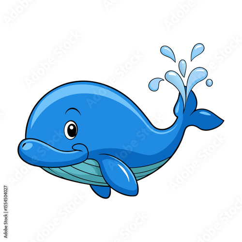 A cheerful cartoon blue whale spouting water with a friendly expression isolated on a white background
