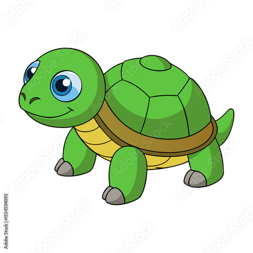 Adorable cartoon baby turtle with big blue eyes and a friendly smile isolated on a white background