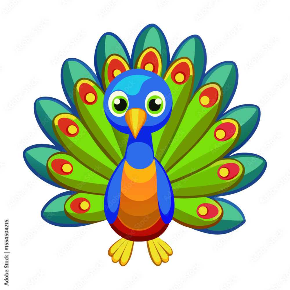 Fototapeta premium Cute cartoon peacock with vibrant fanned tail feathers and big green eyes