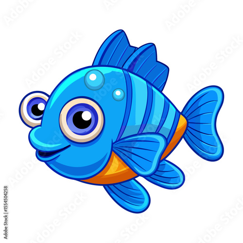 A cheerful cartoon blue fish with big eyes and orange belly swims happily in the water surrounded by bubbles