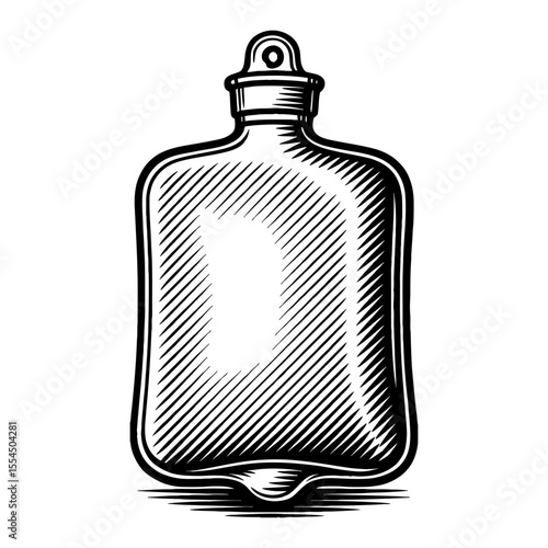 Traditional Hot Water Bottle Vintage Style Illustration Black and White Outline Line Art Drawing Isolated Object