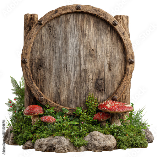 Rustic wooden round sign with mushrooms isolated on transparent background