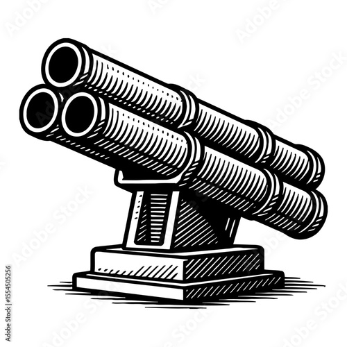 Triple Barrel Rocket Launcher or Mortar Weapon Military Device Black and White Outline Line Art Drawing