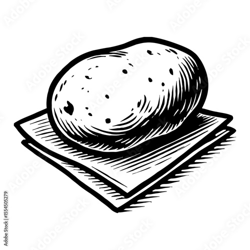 Potato on Napkin Black and White Outline Line Art Drawing Illustration Sketch Graphic Art