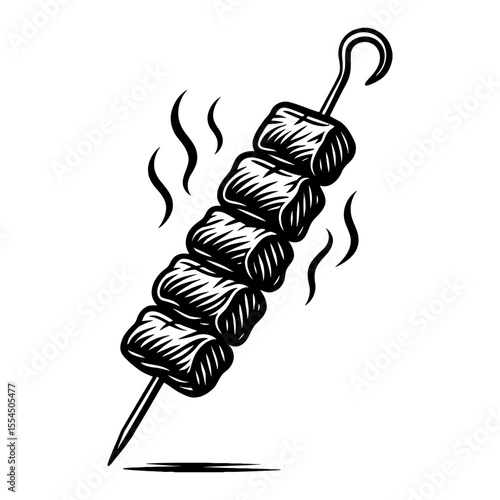 Meat Skewer Barbecue Grill Smoke Black and White Outline Line Art Drawing