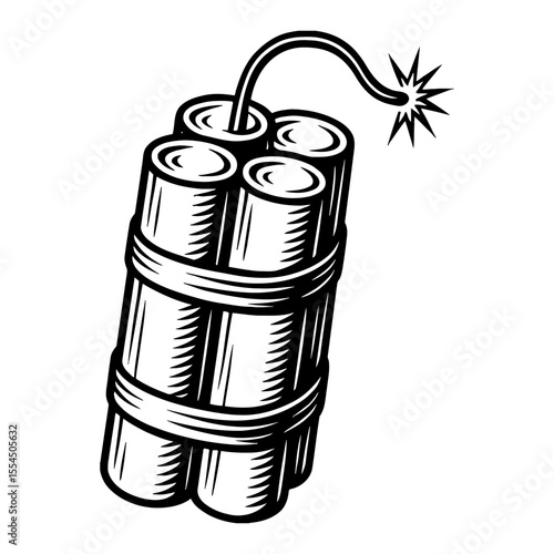 Vintage Style Dynamite Bomb Sticks with Burning Fuse Black and White Outline Line Art Drawing