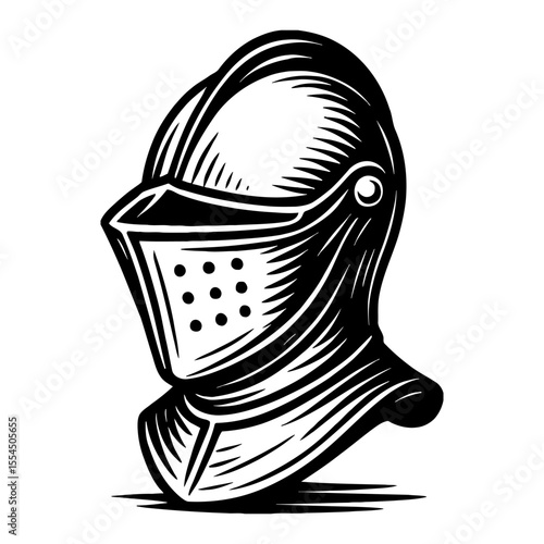 Medieval Knight Helmet with Visor Black and White Outline Line Art Drawing Illustration Logo