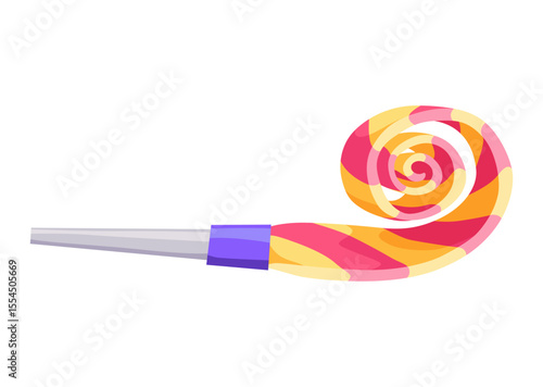 Party blower or noise maker icon. Rolled sound, celebration concept. Flat design of party horn sticker. Vector cartoon illustration