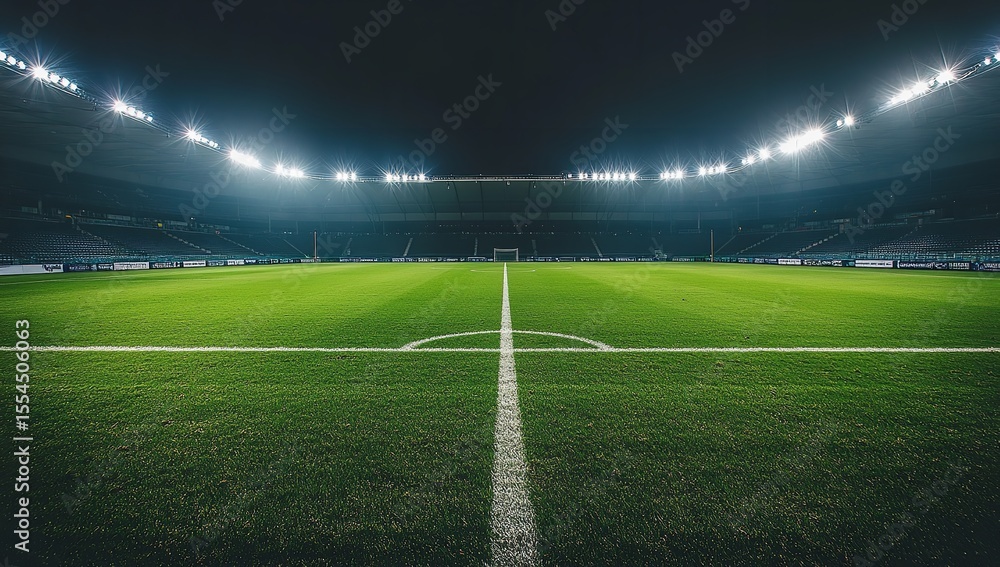 Fototapeta premium Nighttime View of Dark, Empty Soccer Stadium with Illuminated White Grass Lines and No Lights in the Stands
