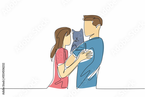 Single one line drawing a couple wife and husband hugging a cat. The only pet left. Cuddling. Always love. Cute and adorable. National Pet Parents Day. Continuous line design graphic illustration