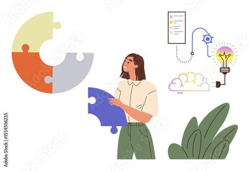 Woman arranging large puzzle pieces alongside innovation flowchart, glowing lightbulb, and cloud concept. Ideal for teamwork, problem solving, innovation, creativity, planning, strategy simple flat