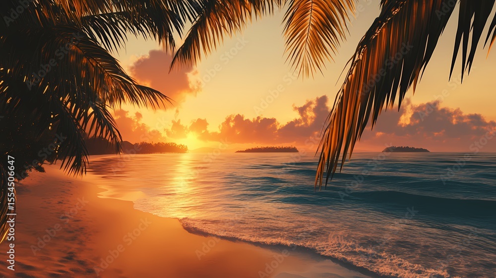 Fototapeta premium Tropical Sunset Beach Scene Palm Trees Frame a Vibrant Golden Hour Ocean View isolated on transparent background