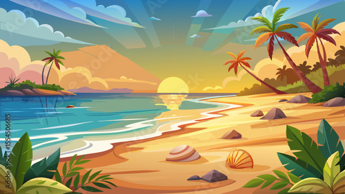 beach, sunrise, ocean, seashells, waves, sand, golden, soft lighting, semi-realistic, calm, detailed, morning, horizon, tropical, warm, gentle, glow, reflection, landscape, shore, peaceful, holiday, n