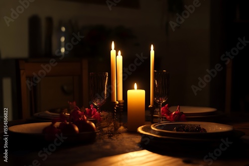 shadows dinner setting with flickering flames and candlelit