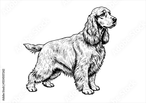  Cocker Spaniel dog pet portrait engraving intricate retro hand drawn style line art black and white vector illustration, isolated on white background