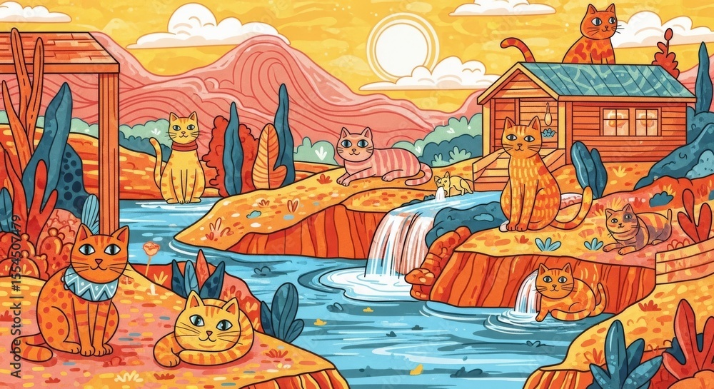 Adorable cats enjoying a serene landscape with a waterfall and cabin. This whimsical illustration features orange, ginger tabbies in a picturesque setting, perfect for children's books or pet-related Adorable cats enjoying a serene landscape with a waterfall and cabin. This whimsical illustration features orange, ginger tabbies in a picturesque setting, perfect for children's books or pet-related