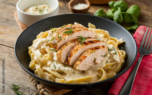 Chicken Alfredo: Italian-American pasta dish with fettuccine, creamy Alfredo sauce, and grilled chicken. Rich, savory, and comforting with a velvety texture.