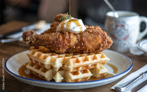 Chicken and Waffles: Southern U.S. dish of fried chicken served on waffles with syrup. Sweet, savory, and crispy with a unique flavor combination.