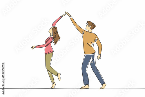 Continuous one line drawing married couple dancing on dancefloor. Hold hands, making gentle turns. Romantic atmosphere adds warmth. International Dance Day. Single line draw design vector illustration