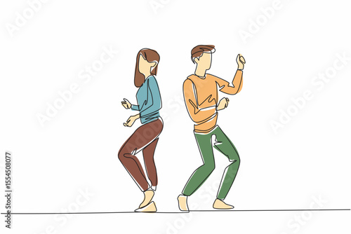 Single one line drawing married couple dancing on the dance floor. Pop music is played. Partying until late. Matched pair. Fun. International Dance Day. Continuous line design graphic illustration