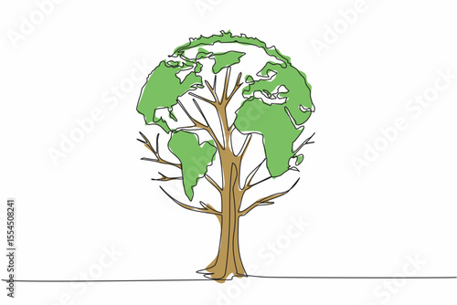 Single one line drawing a tree whose leaves form a globe. A sign. Symbolism. A dense tree is good for the earth. Eco friendly. Anti pollution. Day of Trees. Continuous line design graphic illustration