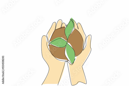 Single continuous line drawing two hands holding a newly grown tree with its soil. People who care about the environment. Presenting trees. Go green. Day of Trees. One line design vector illustration