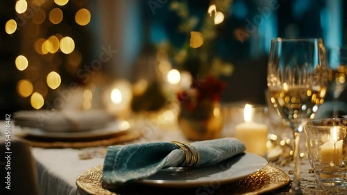 Elegant festive table setting with a glass of champagne, candles and garlands creating a cozy atmosphere. Festive mood: a table set for a gala dinner with wine, twinkling lights and exquisite details.