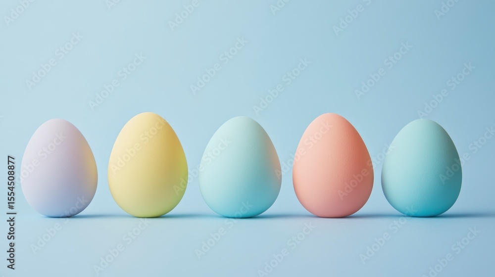 Five pastel-colored eggs in a row against a light blue background. Five pastel-colored eggs in a row against a light blue background.