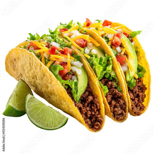 Three delicious ground beef tacos with fresh toppings and lime wedges isolated on transparent background