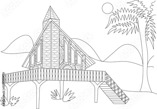 Whimsical house on stilts line art. Intricate architectural drawing with a pointed roof, balcony, and stairs, ideal for coloring.