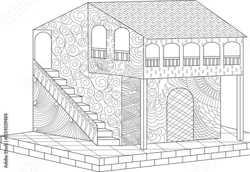 Intricate black and white line art illustration of a stylized medieval house with ornate patterns, archways, and a grand staircase, ideal for adult coloring books and architectural themes.