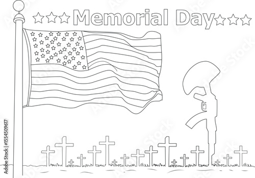 Memorial Day line art illustration with American flag, battlefield cross, and graves, honoring fallen US military heroes and veterans.
