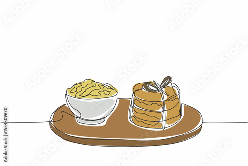 Single continuous line drawing oatmeal cookies stacked and tied on a round wooden cutting board. Eat it first in a bowl. Delicious. National Oatmeal Cookie Day. One line design vector illustration