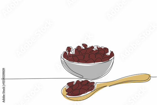 Single one line drawing raisins on a small wooden bowl and on a wooden spoon. Derived from dried grapes. Unique sweet and sour. Tasty. National Raisin Day. Continuous line design graphic illustration