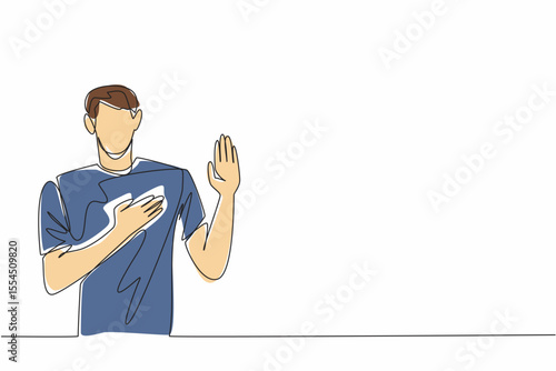 Single continuous line drawing man in casual clothes posing swear gesture. Honest and trustworthy nature. Has many friends and relations. National Honesty Day. One line design vector illustration