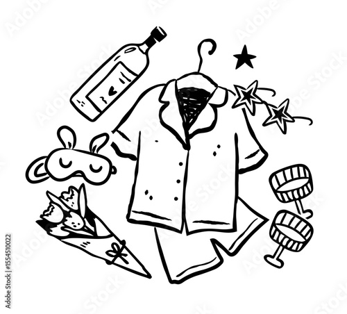 Sleepover party doodle clipart isolated, girls night line art