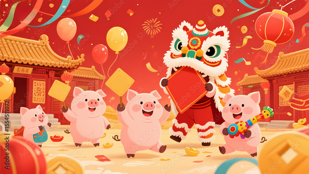 Celebratory Scene with Lion Dance and Pig Characters in a Festive Chinese Setting Celebratory Scene with Lion Dance and Pig Characters in a Festive Chinese Setting
