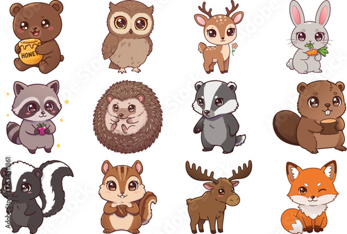Cute woodland forest creatures cartoon vector illustration for kids design