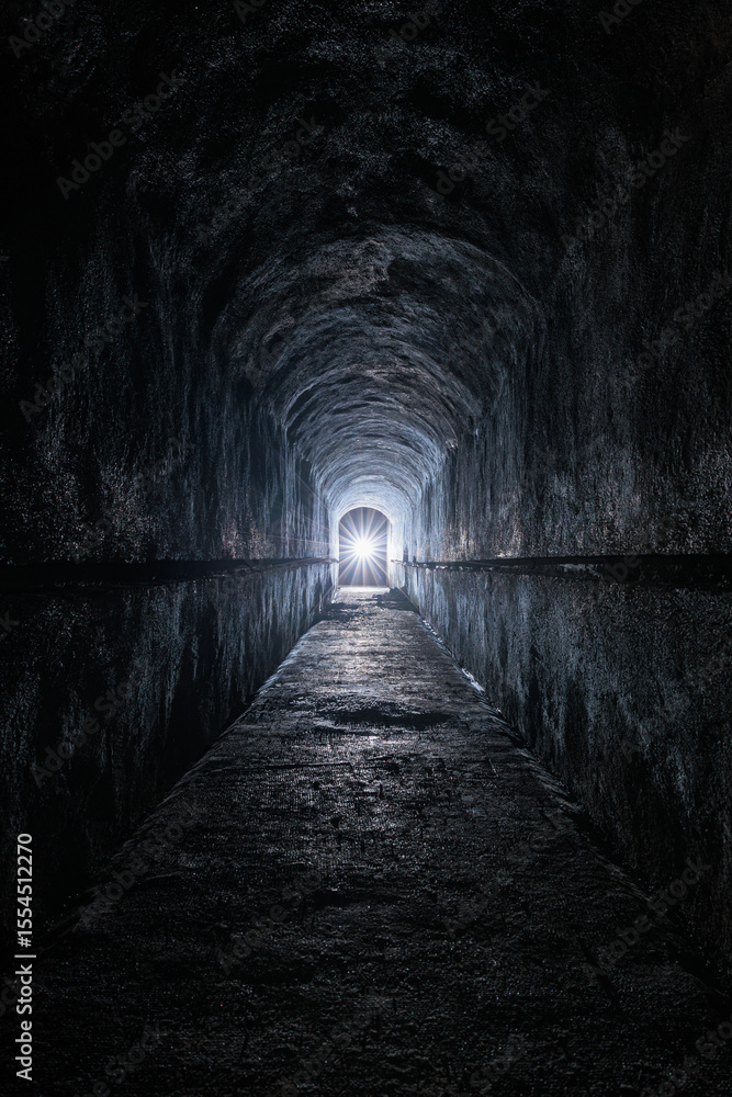 Obraz premium inquadratura verticale e panoramica di un lungo corridoio all'interno di un antico bunker abbandonato, buio e umido, illuminato in controluce da una luce fredda