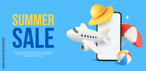 3d travel banner template with mobile phone, beach hat, umbrella and pool ball, airplane isolated on background. Summer sale background in 3d vector. Vector illustration