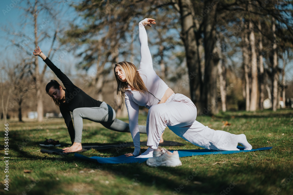 Fototapeta premium Two women are performing yoga exercises on mats in a scenic park during a sunny day, emphasizing health, fitness, and relaxation against the calming backdrop of nature.