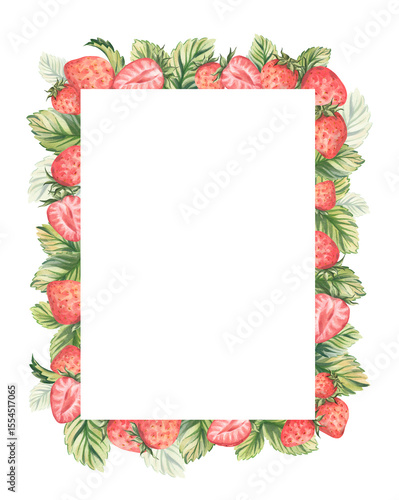 Watercolor rectangular frame with strawberries and green leaves. Frame with berries. Hand drawn. Perfect for invitations