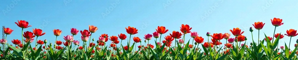 Obraz premium Blue and red flower row against a clear blue sky, garden, botanical, meadow scene
