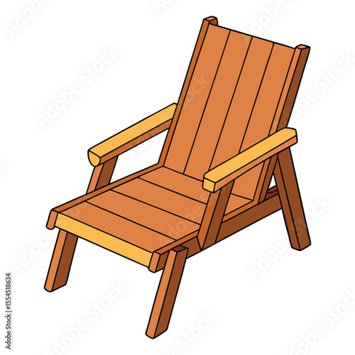 A classic wooden reclining chair with a slatted back and seat, armrests, and adjustable angles for comfort, perfect for patios, porches, or garden relaxation.
