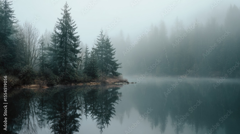 Misty morning over calm lake Misty morning over calm lake